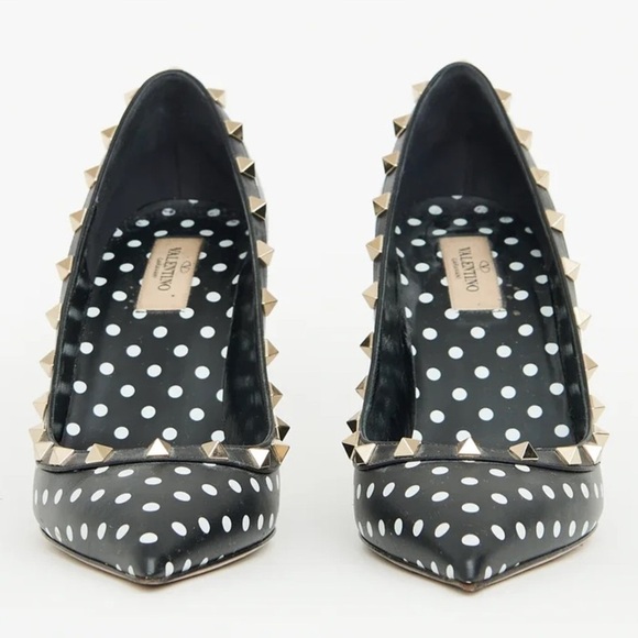 Valentino Garavani Shoes - Valentino Rockstud Studded Polkadot Pointed Toe Black Leather Pump Heels